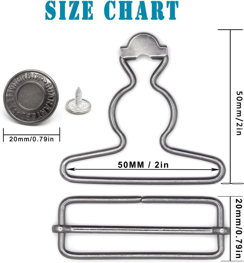 Enosea 2 Sets 2 inch Overall Buckles Replacement, Metal Suspender Buckle Overall Clips with Buckle Slider and Buttons - Image 2